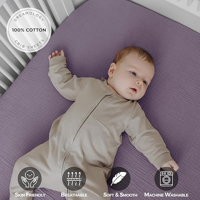 Dreamology Muslin Mini Crib Sheets, Girls, Boys, Soft & Breathable Crib Sheet 2 Pack, 100% Cotton Crib Sheets for Mini Cribs, Pack n Play Sheets, 24x38 Mini Crib Sheet Fitted | Purple,Pink