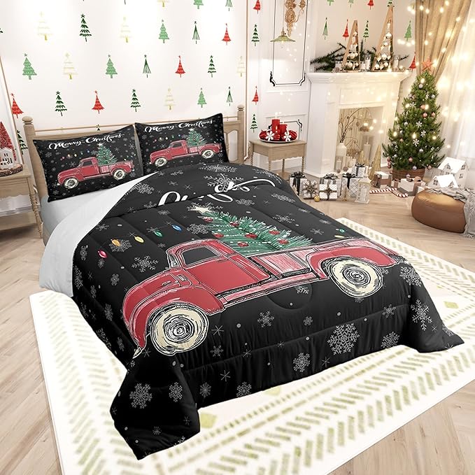 Castle Fairy Merry Christmas Theme Kids Comforter Set Queen,Xmas Tree Red Truck Snowflake Watercolor Graffiti Print Bedding Set for Men Women Adults Bedrrom Decor,Farmhouse Vintage Rustic Quilt 3 Pcs