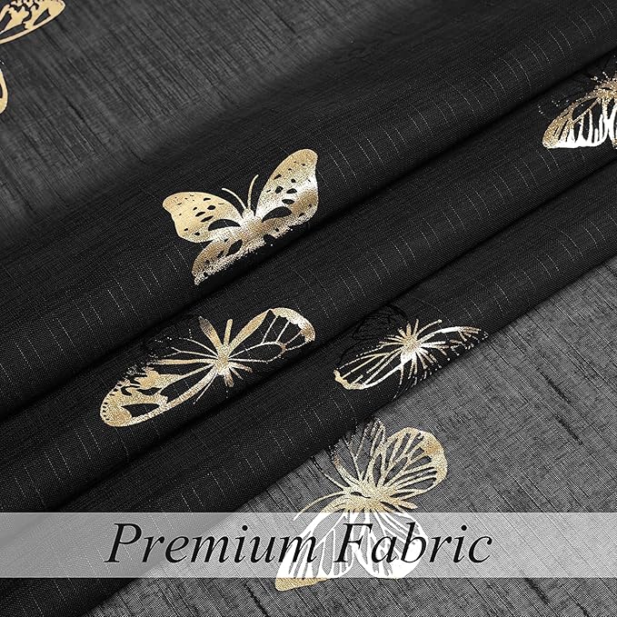 Jubilantex Black and Gold Butterfly Sheer Curtain Panels for Bedroom, Linen Textured Metallic Print Patterned Voile Rod Pocket Curtain Drapes 84 Inch Long for Bedroom, 2 Panels