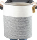 COMFY-HOMI XXL Large Laundry Basket with Handles Blanket Baskets Living Room|Woven Cotton Rope Decorative Basket Laundry Hamper Baby Basket Nursery Dog Toy Storage Organizer Bin-16”x18”-White Grey