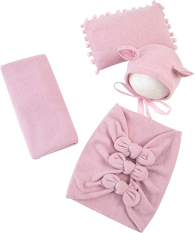 Vemonllas Newborn Baby Boy Girl Photography Props Bow Wrap, Posing Aid, Hat and Blanket Set of 4 Pcs