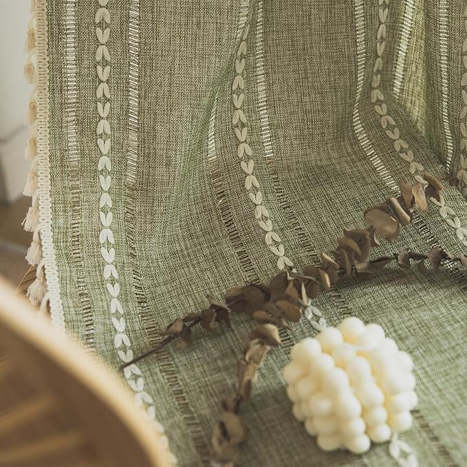 Deeprove Green Boho Curtains 108 Inches Long for Bedroom Living Room, Farmhouse Bohemian Embroidery Hollow Cotton Linen French Rustic Window Treatment Tassel Privacy Drape, W52 x L108 1 Panel