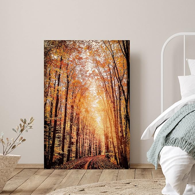 SIGNWIN Canvas Print Wall Art Rustic Trail Red Autumn Forest Nature Wilderness Photography Modern Art Farmhouse/Country Landscape Colorful Multicolor Ultra for Living Room, Bedroom, Office - 16x24