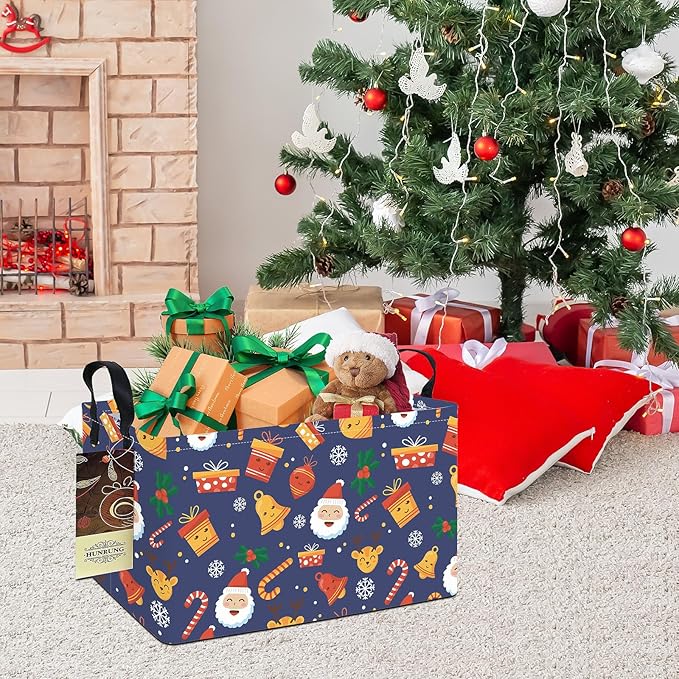HUNRUNG Rectangle Storage Basket Cute Canvas Organizer Bin for Pet/Children Toys, Books, Clothes Perfect for Rooms/Playroom(REC-Blue Christmas Bell)
