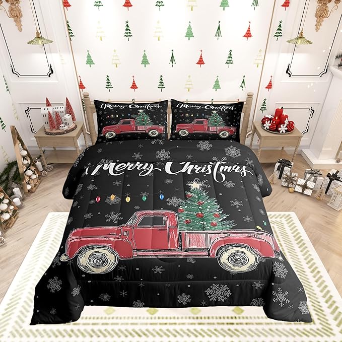 Castle Fairy Merry Christmas Theme Kids Comforter Set Full,Xmas Tree Red Truck Snowflake Watercolor Graffiti Print Bedding Set for Boys Girls Teens Bedrrom Decor,Farmhouse Vintage Rustic Quilt 3 Pcs
