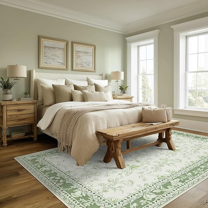 Floral Area Rug for Bedroom 5x8 Sage Green and Cream Beige Vintage Boho Floral Sketch Style, Washable Low Pile Non Slip Area Rugs for Nursery Living Dining Room, Cozy Aesthetic Home Decor