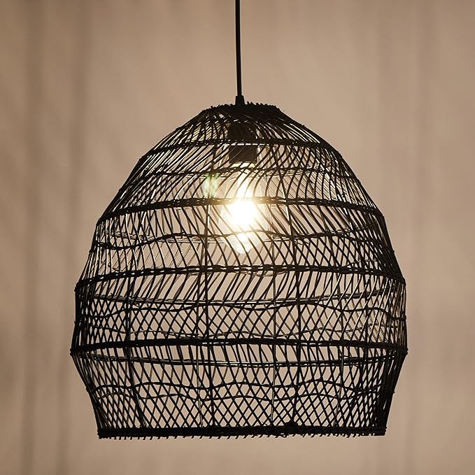 Bamboo Pendant Light Fixture Boho Style 1 Lights Rattan Pendant Lamp Woven Hanging Light for Kitchen Island Nursery in Black(13.7" W)