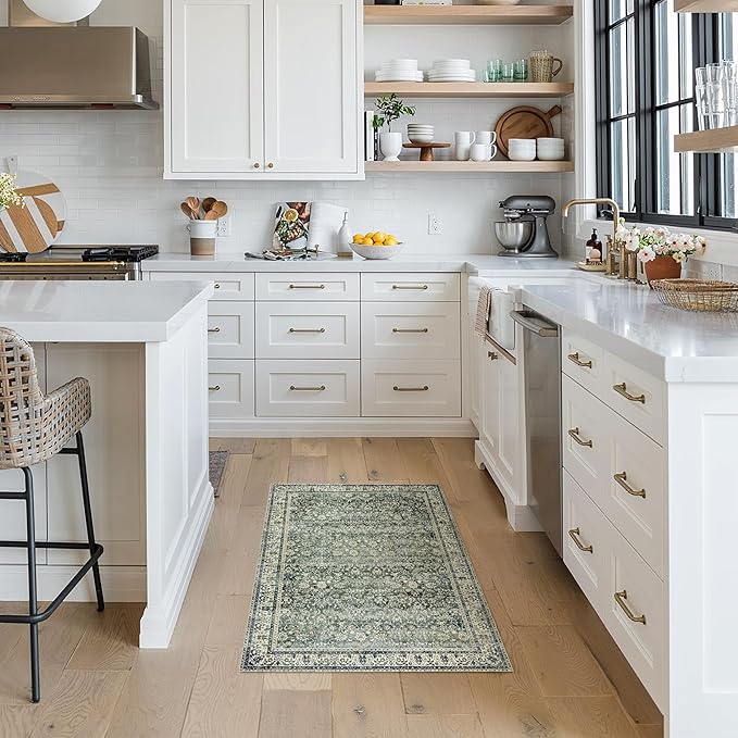Kitchen Rugs Non Slip Washable,Farmhouse Style Floral Boho Kitchen Rug for Sink Bath Vintage Bathroom,2x3,Dark Green