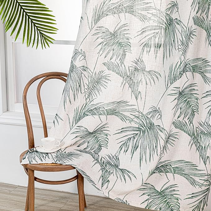 MYSKY HOME Linen Curtains for Living Room 84 inch Length 2 Panels Set Decor Semi Sheer Curtains Green Tropical Palm Leaves Plant Pattern Window Drapes for Bedroom Dining Room Patio, Green, 2 Pcs