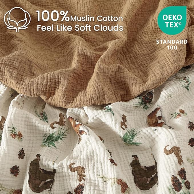 david's kids Muslin Crib Sheets for Boys, 2 Pack 100% Cotton Soft Breathable Fitted Baby Sheet Set, Standard 52"x28" Crib and Toddler Mattress, Woodland Animal