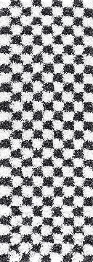 Hauteloom Atira Contemporary Checkered Fluffy Shag Runner Rug - Modern Geometric Carpet Tiles for Hallway, Hitchen - Plush Pile Carpet Squares - White,Black - 2'7" x 10'