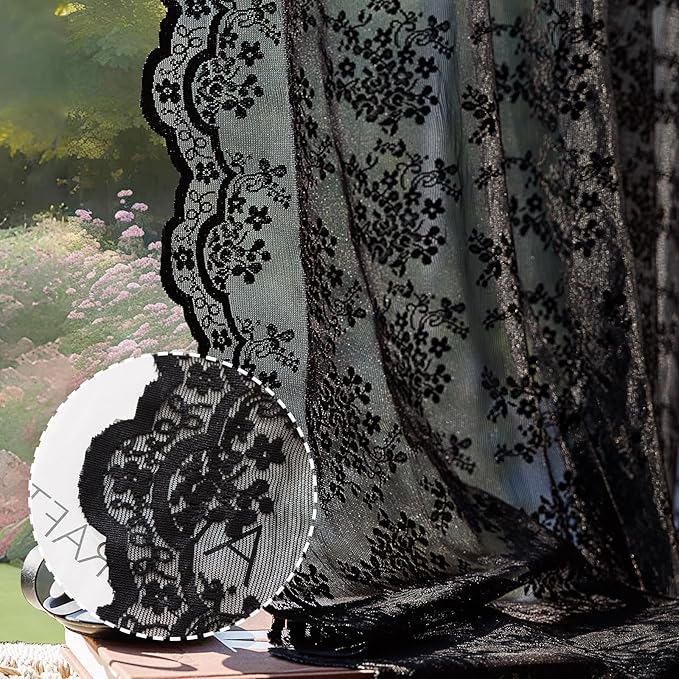 Anmao Vintage Lace Curtains 102 Inches Long 2 Panels Set, Romantic Elegant Light Filtering Semi Sheer Floral Thick Lacy Curtain Drapes for Living Room and Bedroom, Each Panel 55W x 102L, Black