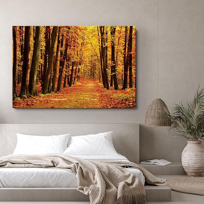 SIGNWIN Canvas Print Wall Art Walk Through Red Yellow Leaf Autumn Forest Nature Wilderness Photography Modern Art Rustic Landscape Relax/Calm Multicolor for Living Room, Bedroom, Office - 16x24