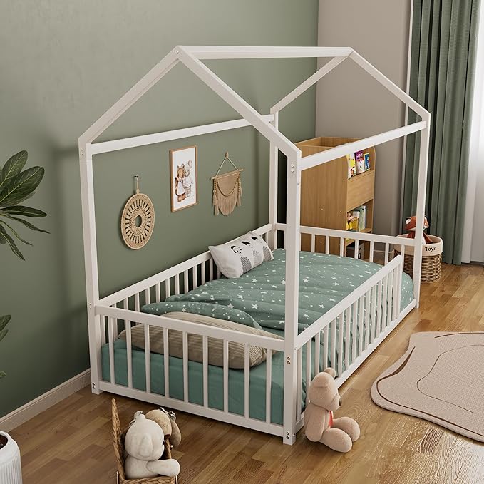 Montessori Style Metal Floor Bed Frame, House Shaped Bed with Fence for Kids and Toddlers, Easy Assemble, No Slats, Twin Size, White