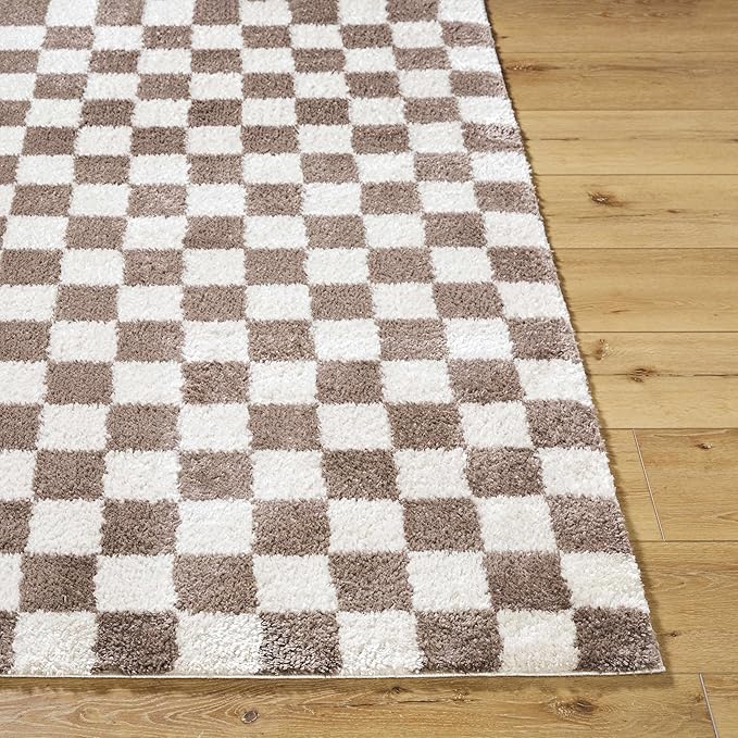Hauteloom Canika Modern Checkered High Pile Runner Rug - Contemporary Geometric Carpet for Hallway, Kitchen - Machine Washable Area Rug - Peach, Dark Brown - 2'7" x 7'3"