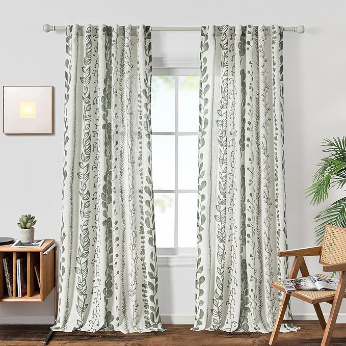 MEETSKY Sage Green Curtains 84 Inches Long 2 Panels Boho Curtains for Living Room Light Filtering Patterned Drapes for Bedroom Linen Style Back Tab Leaf Print Window Treatment, 50” Wide Each Panel