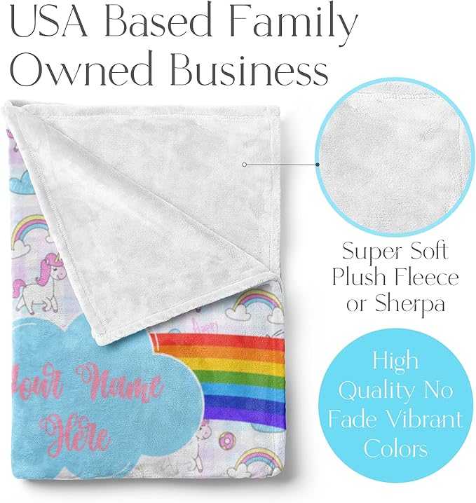 Personalized Rainbow Unicorn Throw Blanket for Girls and Boys with Custom Name, Cute Soft Bedding for Nursery Room or Tummy Play, Warm and Plush (Sherpa 50x60)