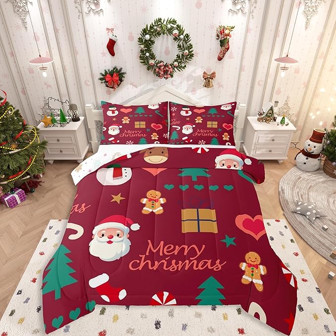 Feelyou Merry Christmas Comforter Set All Season Santa Claus Snowman Bedding Set with 2 Pillow Cases Gingerbread Man Microfiber Kids Full Bedclothes Xmas Tree Deer Bedroom Decor Duvet Quilt Soft