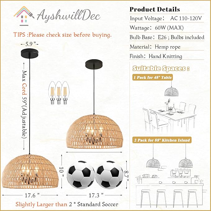 24" Brown Woven Pendant Light Boho Chandelier Dome Rustic Farmhouse Chandelier Wicker Pendant Light Rattan Light Fixture for Dining Room Living Room Bedroom Kitchen Island Foyer(Bulb Incl)
