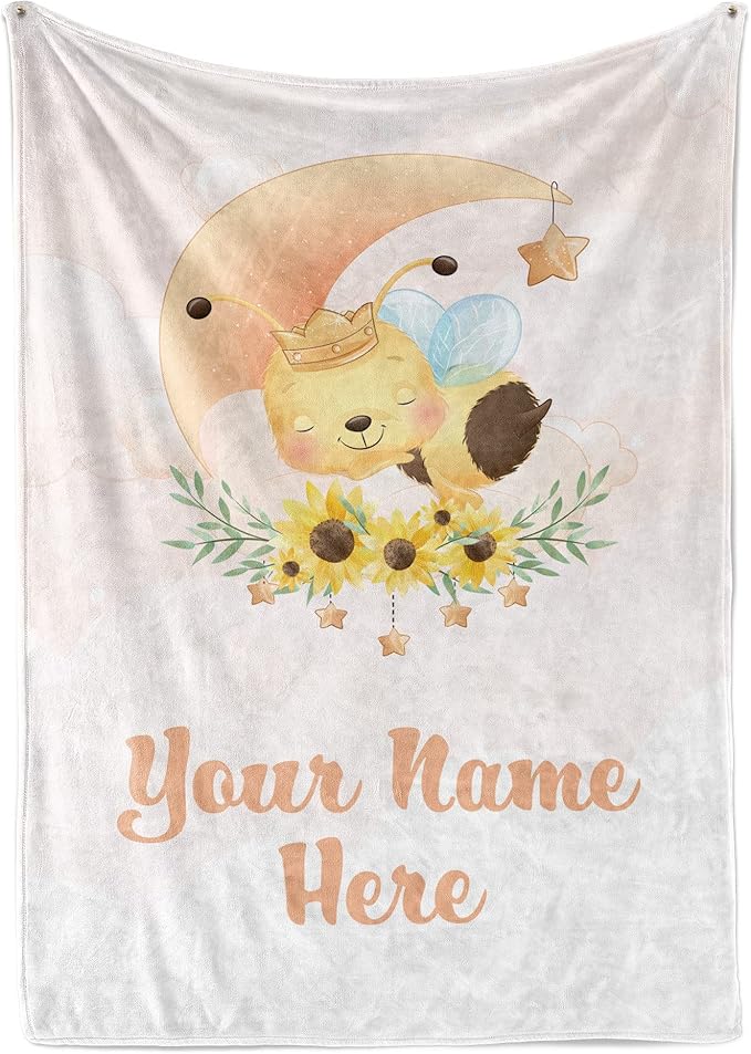 Custom Baby Blankets with Name | Personalized Bee Newborn Blanket for Baby Girl and Baby Boy | Unisex Warm Soft Sherpa Swaddle Blanket Minky | (Bee, Sherpa 50"x60")