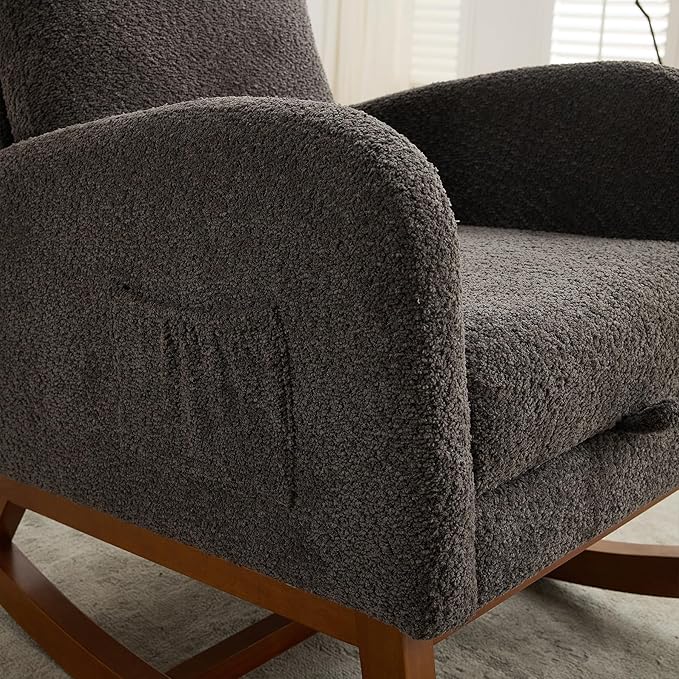 Dolonm Rocking Chair Nursery,Glider Rocking Chair with Footrest High Backrest Glider Rocker for Baby Room Boucle Accent Chair for Living Room Mid Century Modern Arm Chair for Bedroom,Charcoal