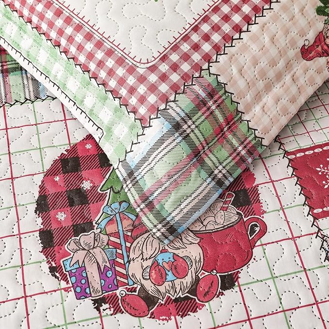 Christmas Bedding Set King Quilt Bedspread Coverlet,Plaid Patchwork Christmas Quilt Bedding Holiday Xmas Bedspread Lightweight Reversible Gnome Santa Claus Home Festival Decor