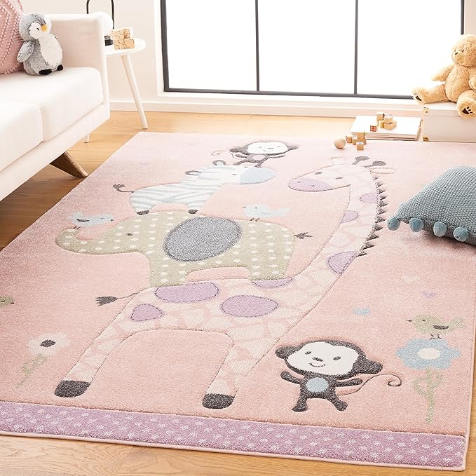 SAFAVIEH Carousel Kids Collection Area Rug - 5'3" Square, Blush Pink, Animal Design, Ideal for High Traffic Area for Boys & Girls in Playroom, Nursery, Bedroom (CRK120U-5SQ)