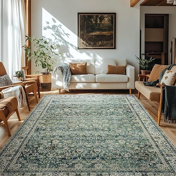 6x9 Area Rugs Washable Rugs for Bedroom,Faux Wool Moody Floral Boho Vintage Oriental Indoor Carpet for Living Room,Hunter Forest Green