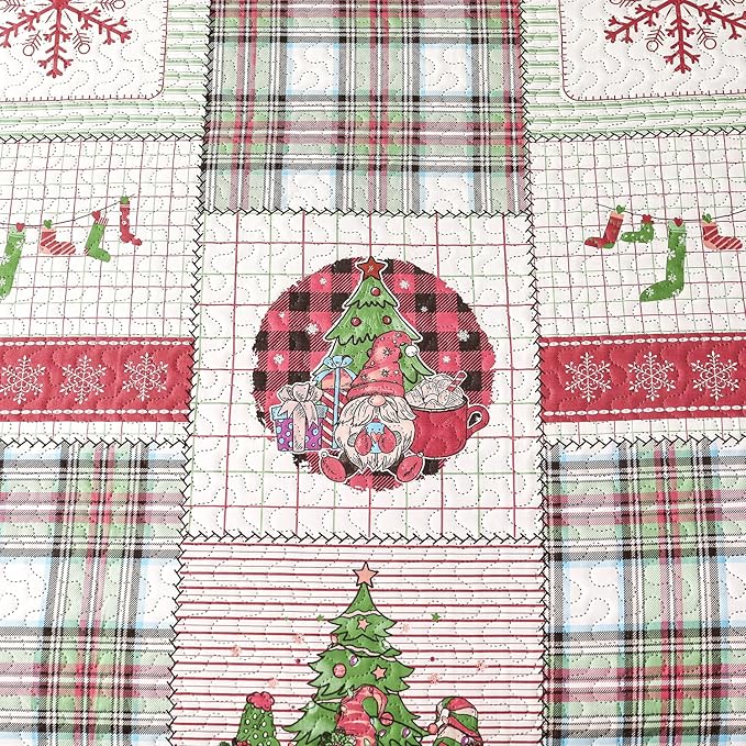 Christmas Bedding Set King Quilt Bedspread Coverlet,Plaid Patchwork Christmas Quilt Bedding Holiday Xmas Bedspread Lightweight Reversible Gnome Santa Claus Home Festival Decor