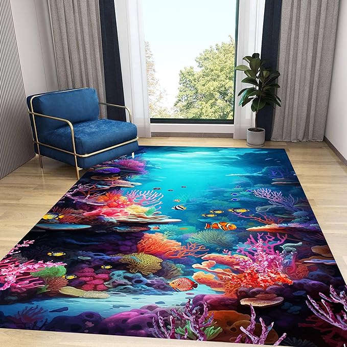 Under The Sea Area Rug, 6x8ft, Underwater World Coral Carpets for Bedroom, Marine Animal Tropical Fish Non-Slip Carpet, Low Pile Thin Absorbent Machine Washable Rugs for Living Room