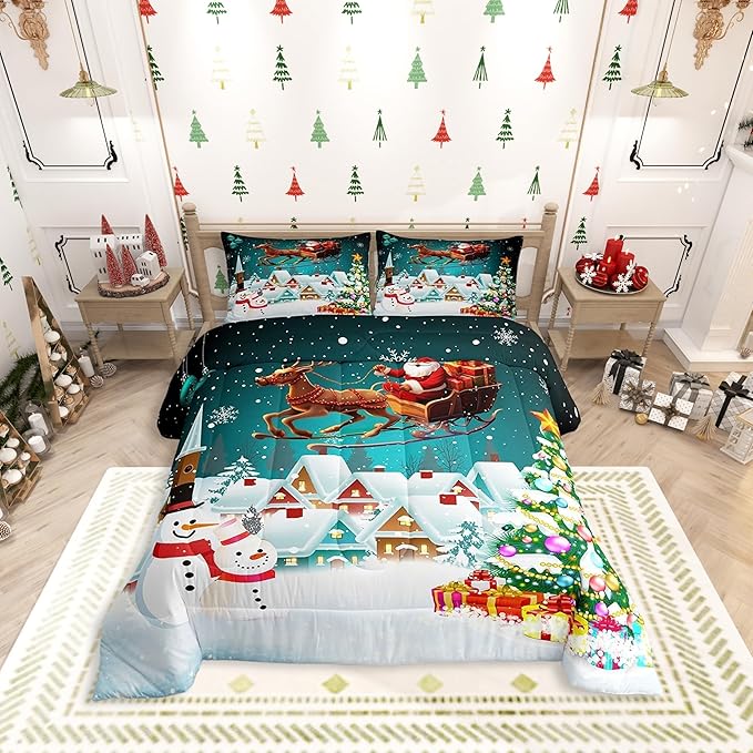 Manfei Christmas Comforter Set Queen Size, Xmas Tree Snowman Bedding Set 3pcs for Kids Boys Girls Room Decor, Santa Claus with Reindeer Quilt Set New Year Theme Duvet Set with 2 Pillowcases