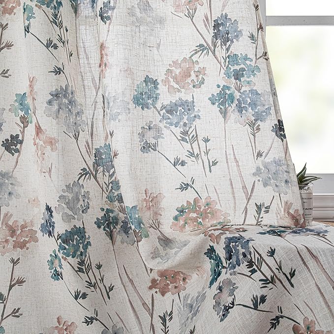 MYSKY HOME Floral Curtains for Bedroom Linen Look Semi Sheer Vertical Light Filtering Privacy Drapes Decor Farmhouse Style Texture for Bedroom Dining Room, Brown, W52 x L63, Pack-2