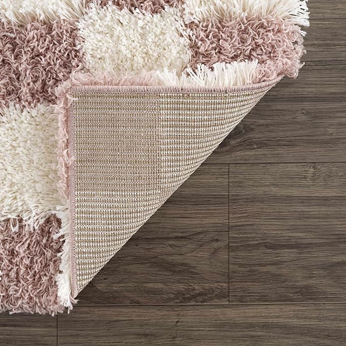 BoutiqueRugs Atira Modern Checkered Shag Area Rug - High Pile Fluffy Shaggy Carpet for Entryway, Living Room, Nursery, Playroom, Girls Boys Room - Pink, Cream, White, Blush, Rose - 4' x 6'