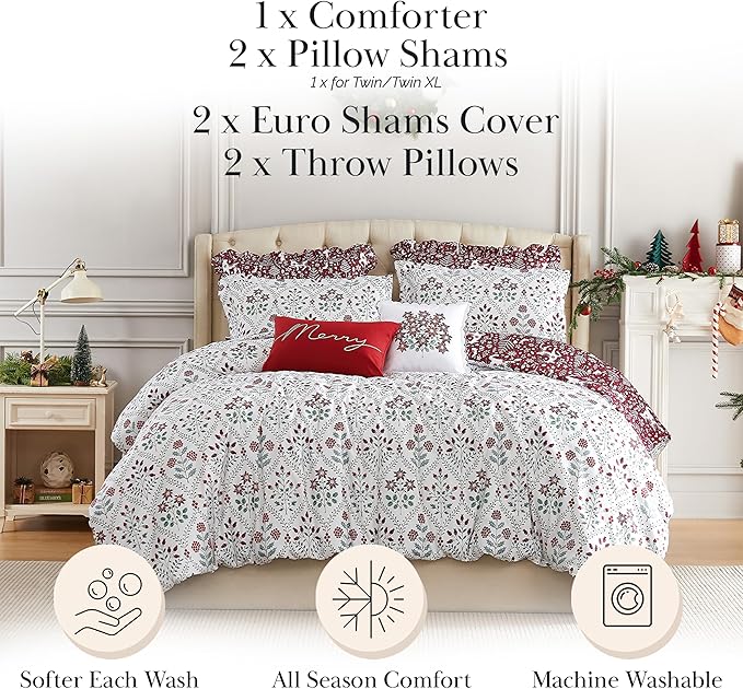 Southshore Fine Living, Inc. 5-Piece Reversible Christmas Comforter Set Twin/Extra Long, Twin Christmas Bedding, Red & White Holiday Bedding, 2 Throw Pillows, 2 Shams - Holiday Harmony