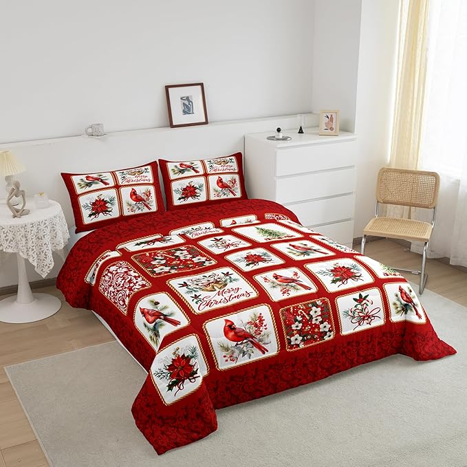 Castle Fairy Merry Christmas Comforter Set King Size,Red Patchwork Xmas Themed Plaid Bedding Set All Season Quilt Set,Cardinals Berries Bells Floral Pine Microfiber Polyester Down Comforter