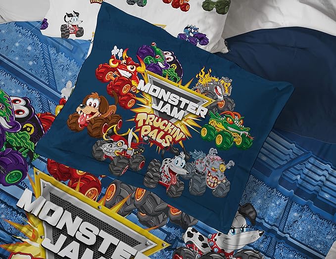Monster Jam Truckin Pals 5 Piece Twin Bed Set - Includes Comforter & Sheet Set - Bedding Features Grave Digger & Megalodon - Super Soft Fade Resistant Microfiber (Official Monster Jam Product)