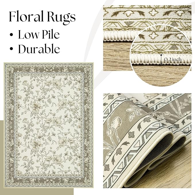 Extra Large Beige Taupe Area Rug for Living Room 10x14, Floral Dining Room Rugs for Under Table, Washable Soft Non Slip Low Pile Carpet for Large Bedroom Light Tan Khaki Floral Design 10 x 14