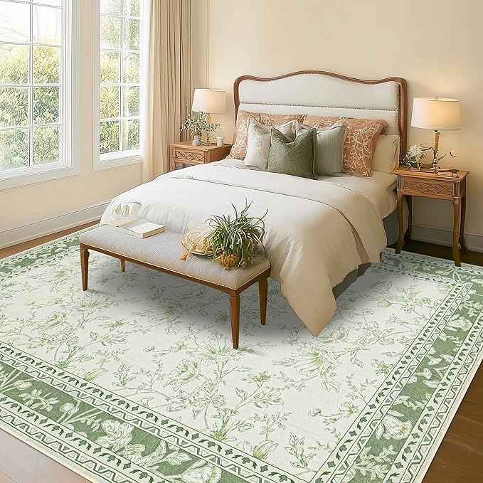 Green Boho 9x12 Rug Living Room Extra Large Washable Non Slip Soft Faux Wool Farmhouse Carpet for Bedroom Dining Room Playroom Cream Beige and Green Peony Lily Aesthetic Pattern Floral Area Rug