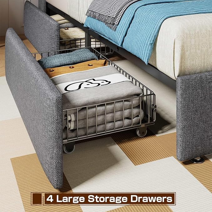 LED Queen Bed Frame with 4 Storage Drawers, Upholstered Bed Frame Queen Size with 2-Tier Headboard and Charging Station, No Box Spring Needed, Easy to Assembly - Light Grey