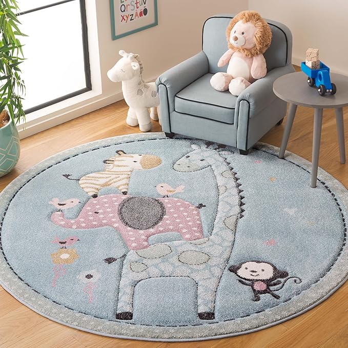 SAFAVIEH Carousel Kids Collection Area Rug - 5'3" Round, Blue, Animal Design, Easy Care & Non-Shedding, Ideal for High Traffic Areas for Boys & Girls in Playroom, Nursery (CRK120K-5R)