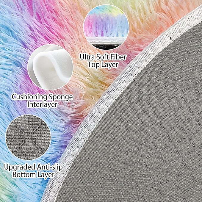 Rainbow Round Rug 5Ft,Colorful Rug for Room Decor and Girls Bedroom,Fuzzy Circle Area Rugs for Dorms Nursery Rooms Kids Unicorn Room Decor Aesthetic Kids Play Mat