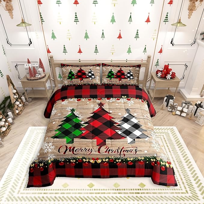 Manfei Plaid Tree Comforter Set Full Size, Wooden Stripe Print Bedding Set 3pcs for Kids Boys Girls Bedroom Decor, Christmas Theme New Year Quilt Set with 2 Pillowcases