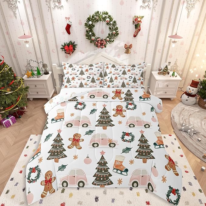 Feelyou Xmas Tree Car Comforter Set All Season Gingerbread Man Bedding Set with 2 Pillow Cases Garland Microfiber Kids Full Bedclothes Bedroom Decor Duvet Quilt Breathable Soft
