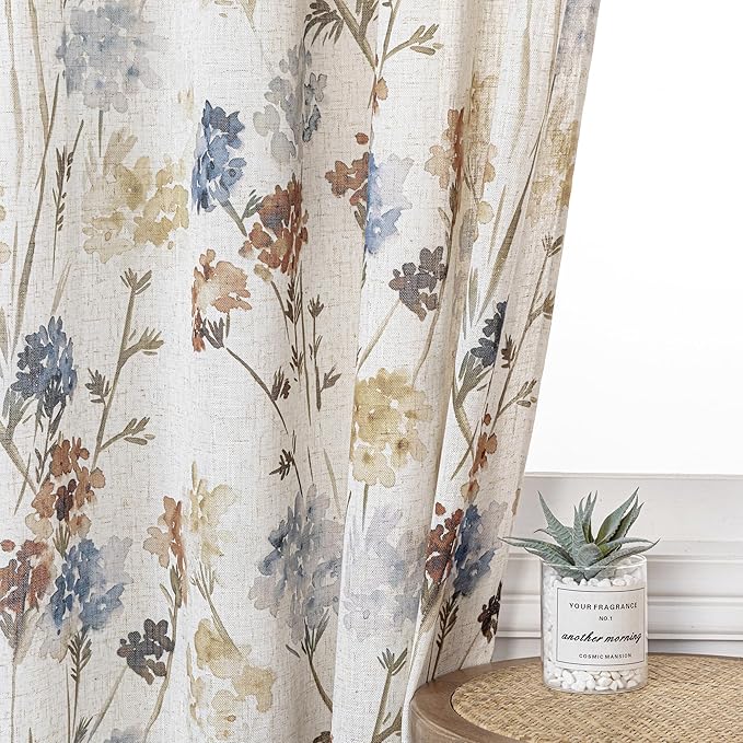 MYSKY HOME Linen Floral Curtains & Drapes 63 Inch Long 2 Panels Semi Sheer Light Filtering Privacy Flower Print Grommet Window Treatments for Kitchen Bedroom, 52" Wide Each Panel, 2 Pcs, Yellow