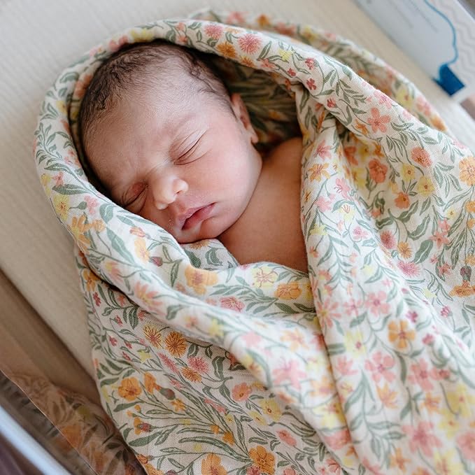 mushie Muslin Baby Swaddle Blanket | 100% Organic Cotton (Pastel Blooms)
