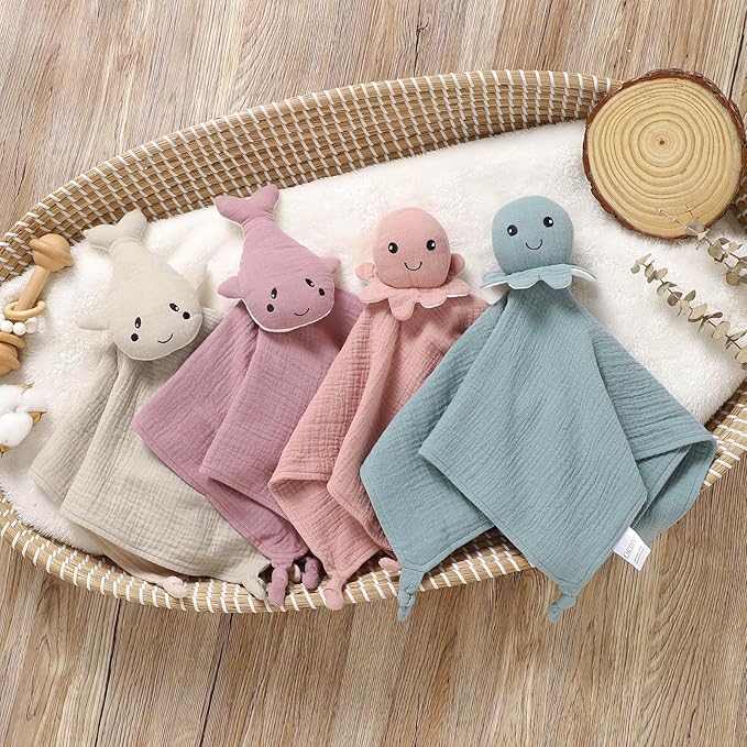 Organic Cotton Muslin Loveys for Babies,Security Blankets for Baby Lovey,Newborn Baby Gifts for Boys and Girls (Octopus Khaki)
