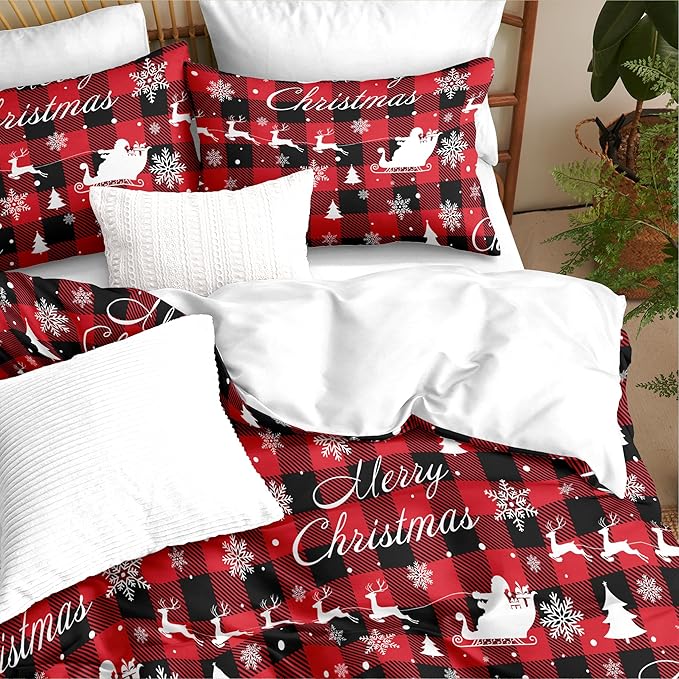 Christmas Duvet Cover Full Size Red Black Gingham Bedding Set 3 Pcs Kids Boys Girls Christmas Deer Pattern Soft Warm Comforter Cover with Zipper Closure (No Comforter)