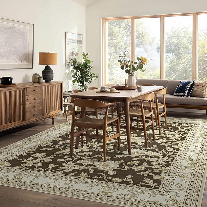 Brown Floral Print Area Rugs for Bedroom Living Room Boho Farmhouse Country Rustic Dining Room Carpet Soft Washable Rugs Non Slip Floor Covering for Nursery Playroom 5x7
