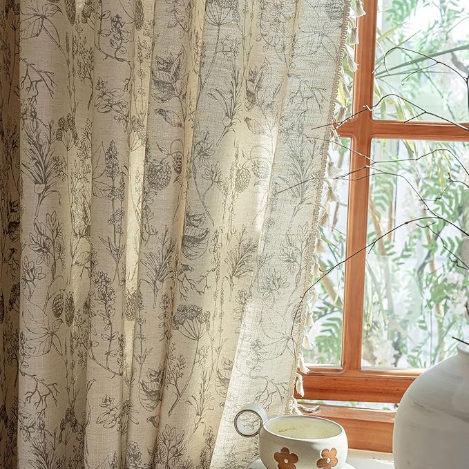 ENJOYBRIDAL Floral 96 Inch Curtains Vintage 2 Panels Drapes Rod Pocket Semi Sheer Rustic Long Window Curtain Panels Bedroom Boho Tassel Living Room Farmhouse Botanical Window Treatments