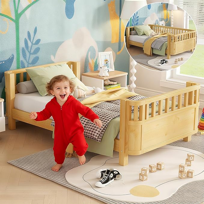 Twin Kids Platform Bed Frame with Rails, Wood Low Montessori Bed with Slats Support, Modern Daybed with Detachable Side Rails, Kids Beds for Boys Girls Bedroom, Natural